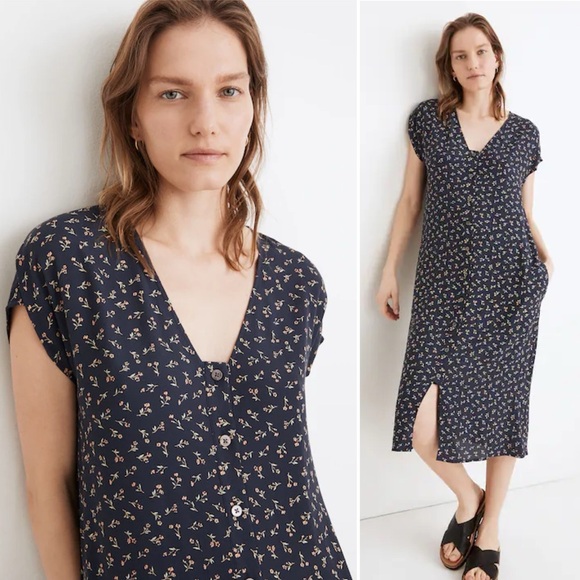 Madewell Easy Midi Dress Small Spring Fling navy blue floral button front flowy - Picture 1 of 12